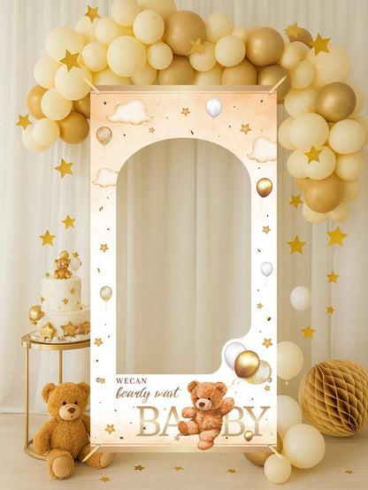 1pc Brown Bear Baby Shower Photo Frame, Cute Brown Bear Design Hanging Banner Suitable For Gender Reveal Party Photography Commemorative Decoration Frame, "We Can't Wait For Baby" Sign, Newborn Baby B
