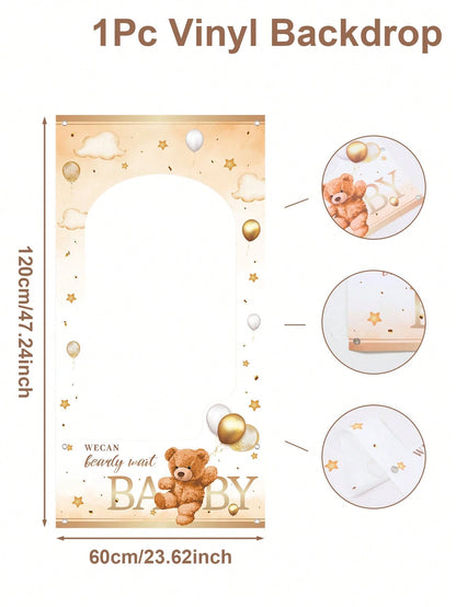 1pc Brown Bear Baby Shower Photo Frame, Cute Brown Bear Design Hanging Banner Suitable For Gender Reveal Party Photography Commemorative Decoration Frame, "We Can't Wait For Baby" Sign, Newborn Baby B