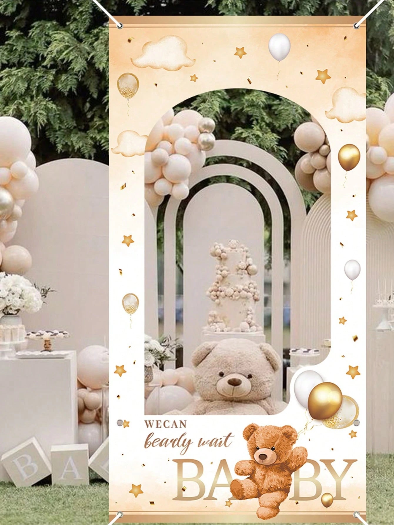 1pc Brown Bear Baby Shower Photo Frame, Cute Brown Bear Design Hanging Banner Suitable For Gender Reveal Party Photography Commemorative Decoration Frame, "We Can't Wait For Baby" Sign, Newborn Baby B