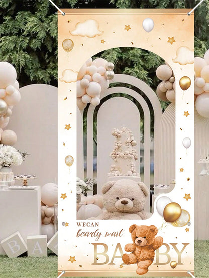 1pc Brown Bear Baby Shower Photo Frame, Cute Brown Bear Design Hanging Banner Suitable For Gender Reveal Party Photography Commemorative Decoration Frame, "We Can't Wait For Baby" Sign, Newborn Baby B