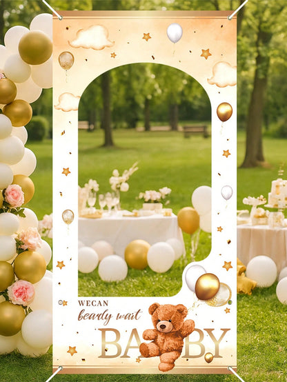 1pc Brown Bear Baby Shower Photo Frame, Cute Brown Bear Design Hanging Banner Suitable For Gender Reveal Party Photography Commemorative Decoration Frame, "We Can't Wait For Baby" Sign, Newborn Baby B