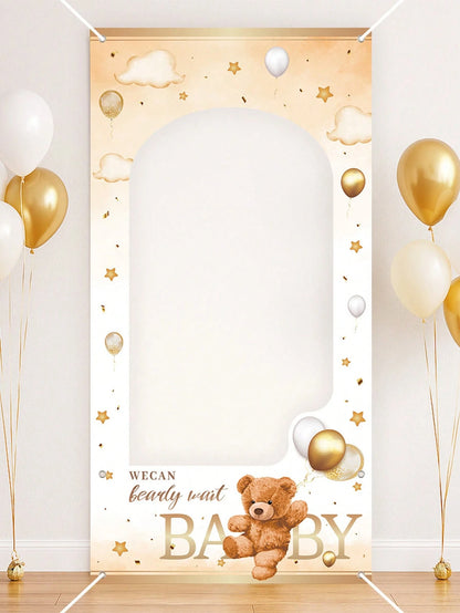 1pc Brown Bear Baby Shower Photo Frame, Cute Brown Bear Design Hanging Banner Suitable For Gender Reveal Party Photography Commemorative Decoration Frame, "We Can't Wait For Baby" Sign, Newborn Baby B