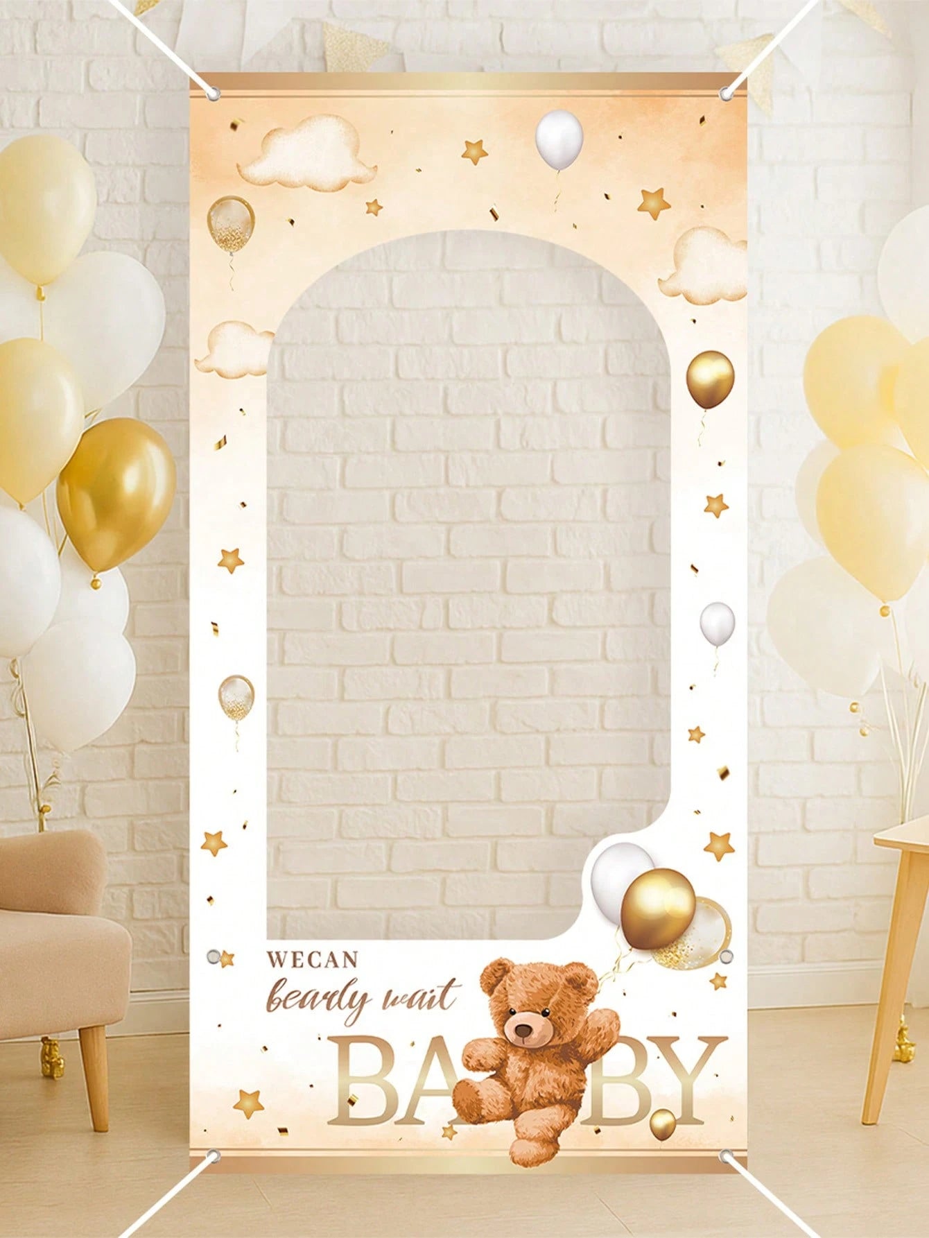 1pc Brown Bear Baby Shower Photo Frame, Cute Brown Bear Design Hanging Banner Suitable For Gender Reveal Party Photography Commemorative Decoration Frame, "We Can't Wait For Baby" Sign, Newborn Baby B