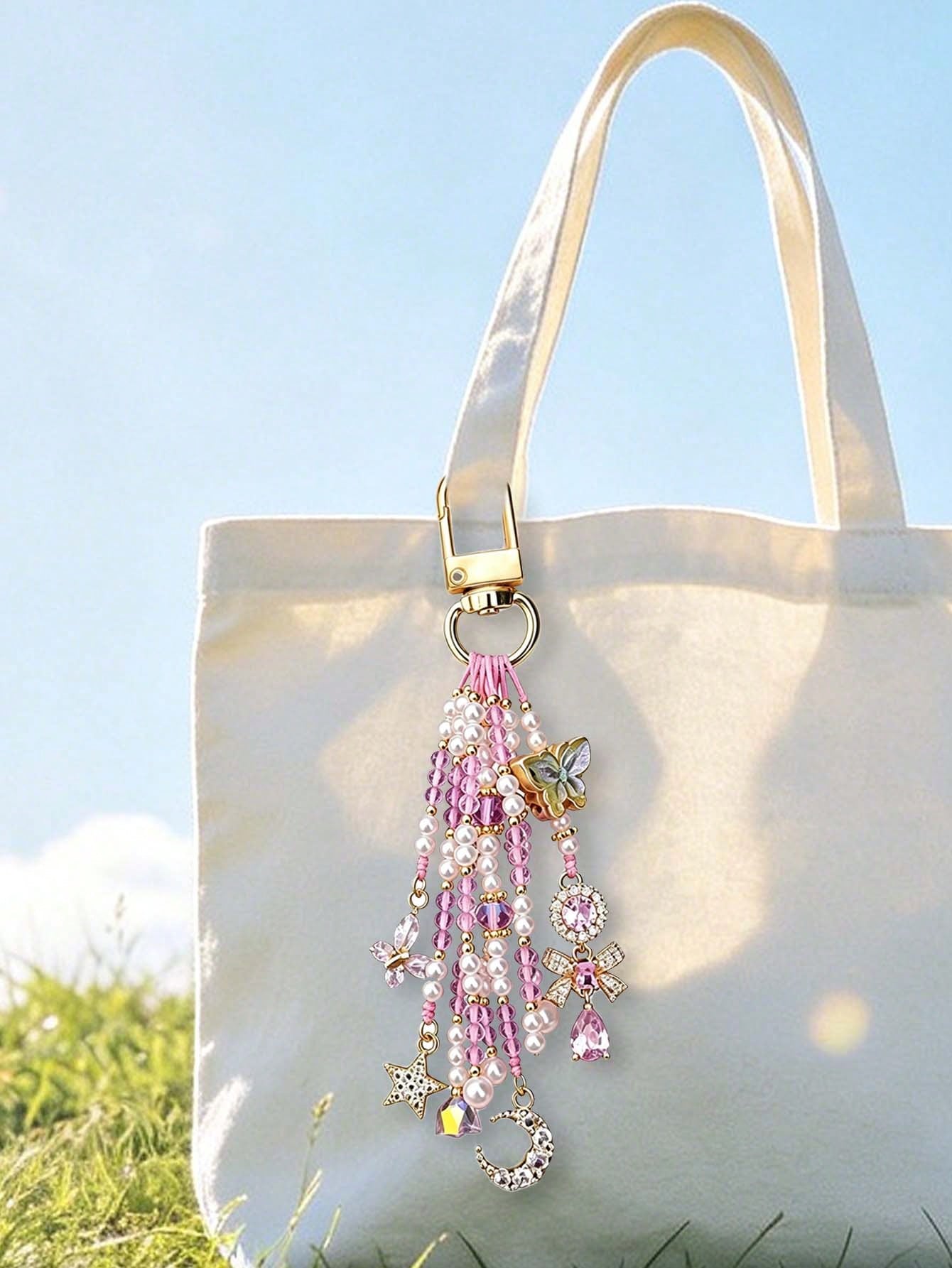 1pc[Butterfly Dance In Flowers]Dreamy Pink & Purple Butterfly Beaded Keychain Pendant With Tassel, Camera & Bag Charm