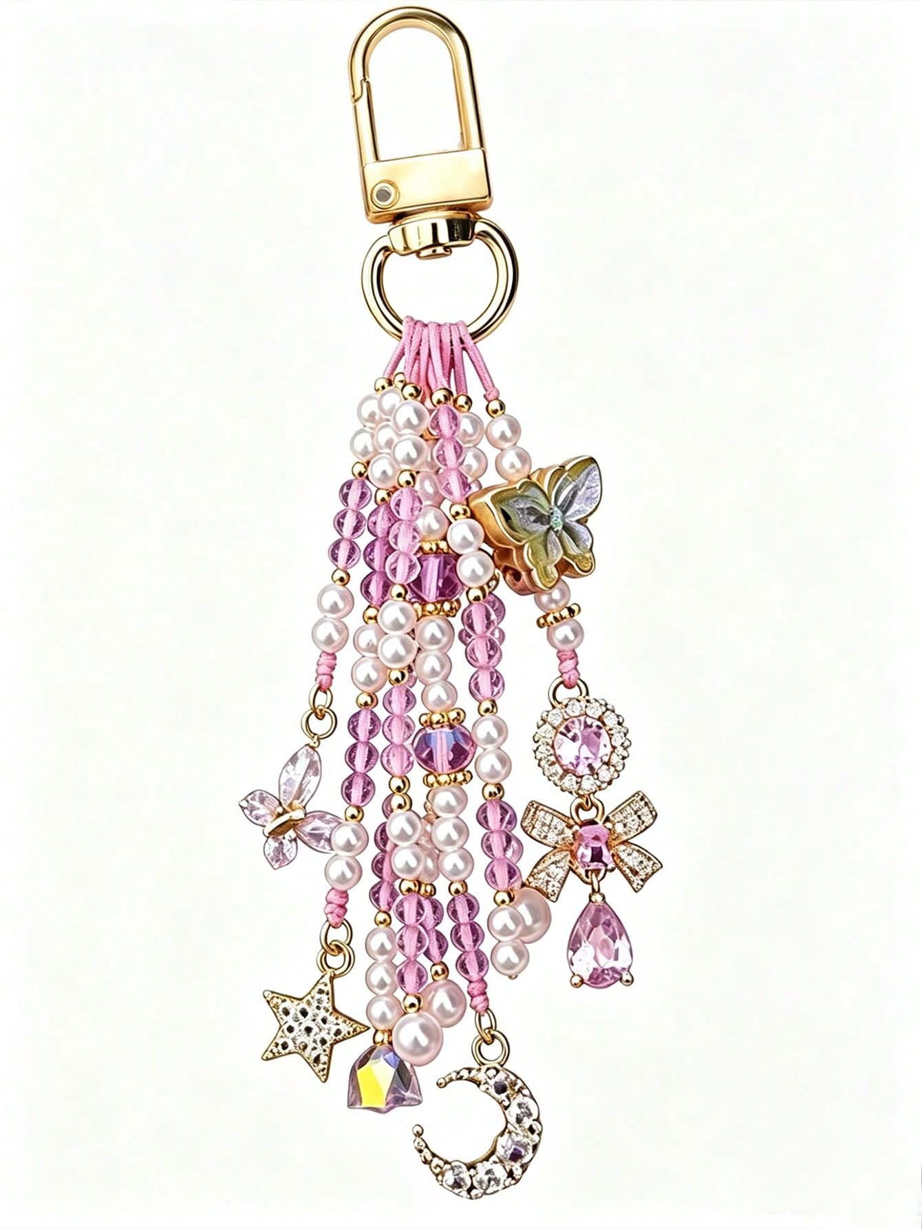 1pc[Butterfly Dance In Flowers]Dreamy Pink & Purple Butterfly Beaded Keychain Pendant With Tassel, Camera & Bag Charm