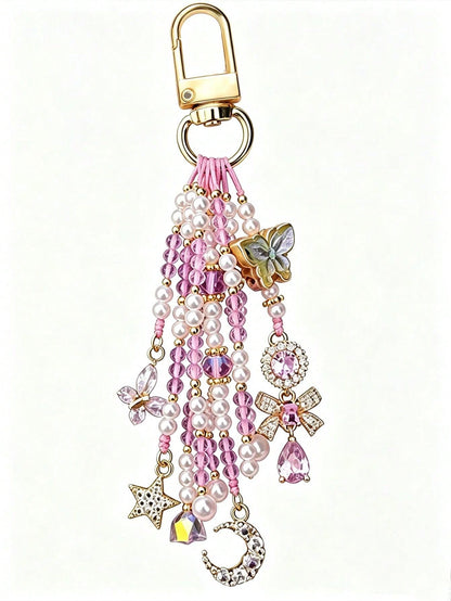 1pc[Butterfly Dance In Flowers]Dreamy Pink & Purple Butterfly Beaded Keychain Pendant With Tassel, Camera & Bag Charm