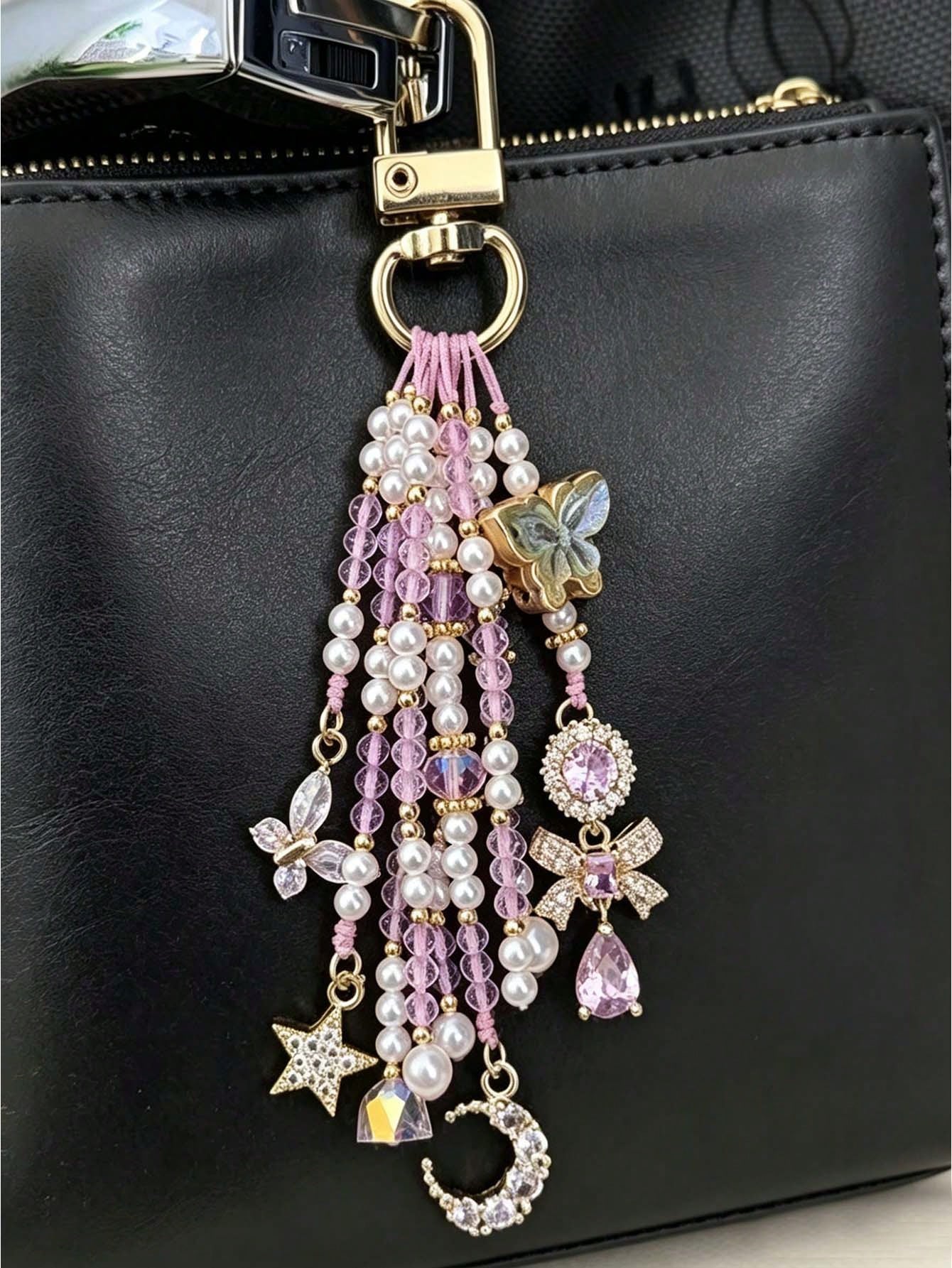 1pc[Butterfly Dance In Flowers]Dreamy Pink & Purple Butterfly Beaded Keychain Pendant With Tassel, Camera & Bag Charm