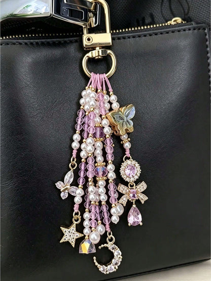1pc[Butterfly Dance In Flowers]Dreamy Pink & Purple Butterfly Beaded Keychain Pendant With Tassel, Camera & Bag Charm