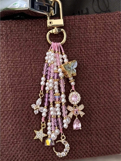 1pc[Butterfly Dance In Flowers]Dreamy Pink & Purple Butterfly Beaded Keychain Pendant With Tassel, Camera & Bag Charm