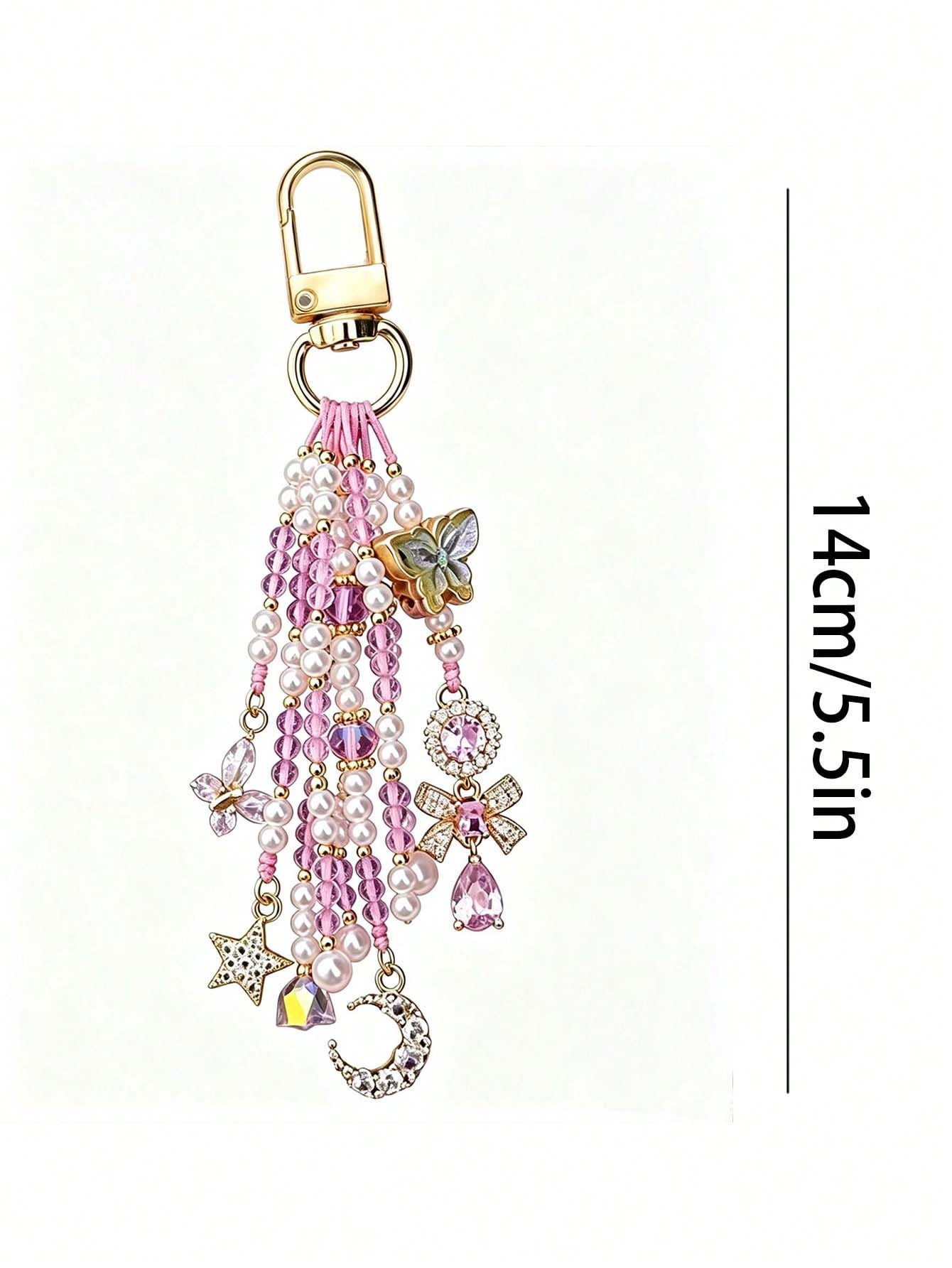 1pc[Butterfly Dance In Flowers]Dreamy Pink & Purple Butterfly Beaded Keychain Pendant With Tassel, Camera & Bag Charm