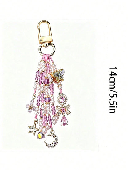 1pc[Butterfly Dance In Flowers]Dreamy Pink & Purple Butterfly Beaded Keychain Pendant With Tassel, Camera & Bag Charm
