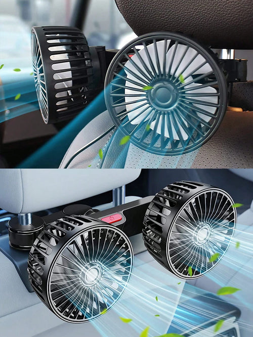 1pc Car Fan, Double Head Rear Seat Fan With Powerful Wind, 3 Levels Wind Speed, 5pcs White Fan Blades, 360 Degree Adjustable Angle, High Airflow, Low Noise, Effectively Promote Air Circulation, Ventil