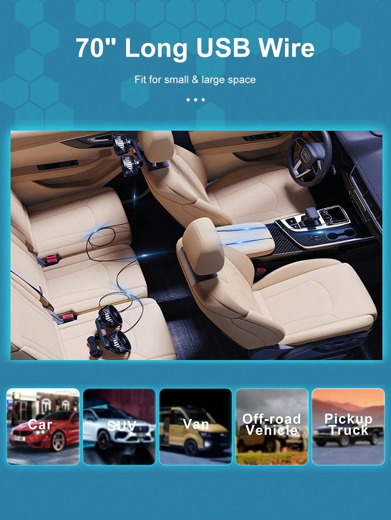 1pc Car Fan, Double Head Rear Seat Fan With Powerful Wind, 3 Levels Wind Speed, 5pcs White Fan Blades, 360 Degree Adjustable Angle, High Airflow, Low Noise, Effectively Promote Air Circulation, Ventil