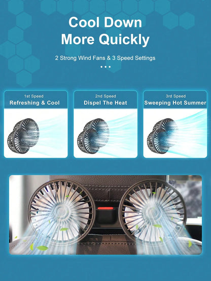 1pc Car Fan, Double Head Rear Seat Fan With Powerful Wind, 3 Levels Wind Speed, 5pcs White Fan Blades, 360 Degree Adjustable Angle, High Airflow, Low Noise, Effectively Promote Air Circulation, Ventil