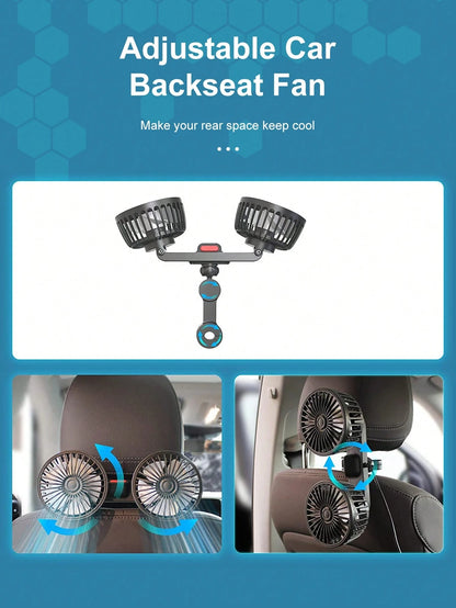 1pc Car Fan, Double Head Rear Seat Fan With Powerful Wind, 3 Levels Wind Speed, 5pcs White Fan Blades, 360 Degree Adjustable Angle, High Airflow, Low Noise, Effectively Promote Air Circulation, Ventil