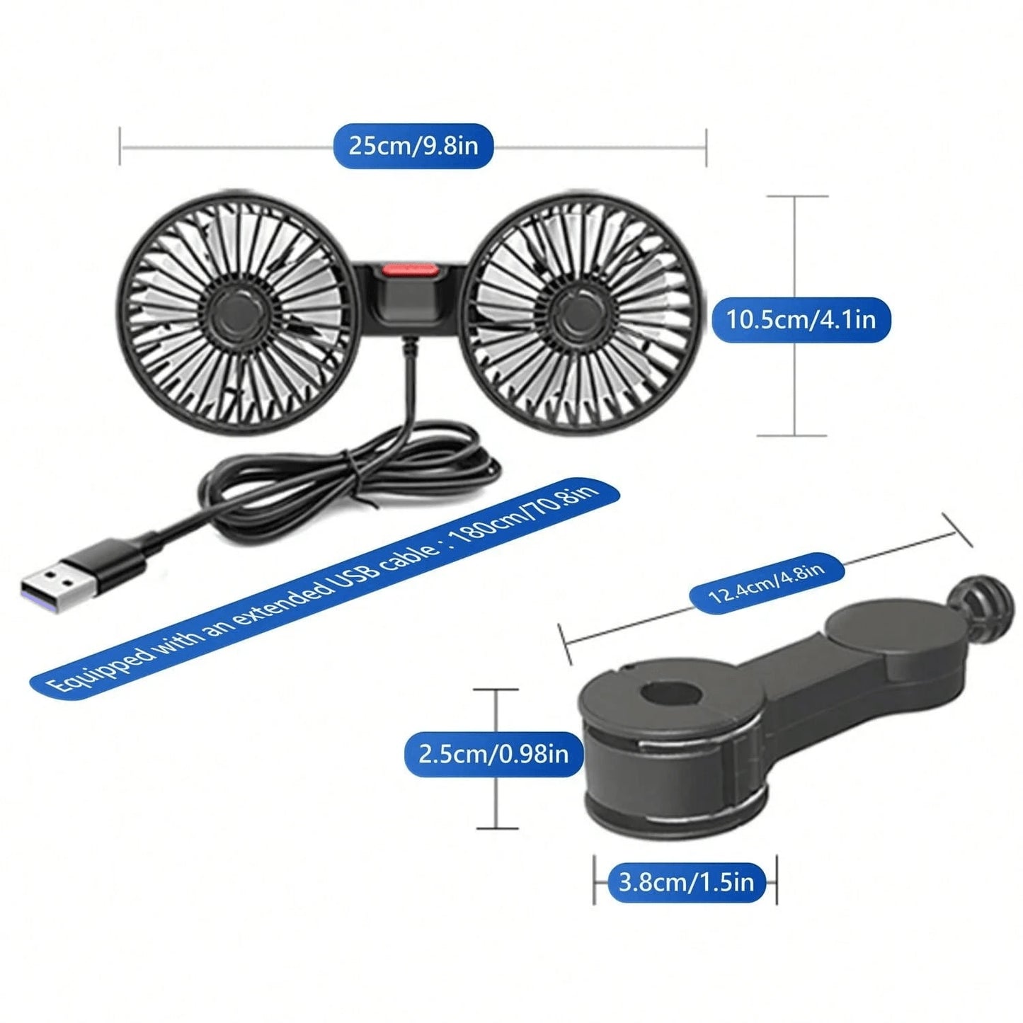1pc Car Fan, Double Head Rear Seat Fan With Powerful Wind, 3 Levels Wind Speed, 5pcs White Fan Blades, 360 Degree Adjustable Angle, High Airflow, Low Noise, Effectively Promote Air Circulation, Ventil