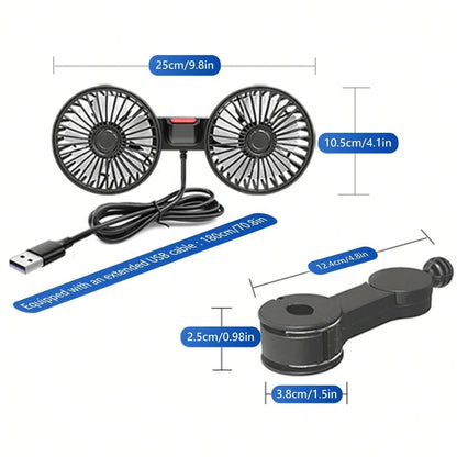 1pc Car Fan, Double Head Rear Seat Fan With Powerful Wind, 3 Levels Wind Speed, 5pcs White Fan Blades, 360 Degree Adjustable Angle, High Airflow, Low Noise, Effectively Promote Air Circulation, Ventil