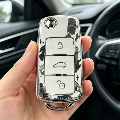 1pc Car Key Case-Fashion Prints,Suitable For Jetta Mk6, Polo Mk5, Golf Mk6, Tiguan Mk1, Passat B7, Passat NMS, Caddy Mk3, Beetle, Amarok, Touran Mk1. Advanced Soft-Touch, Does Not Block Signal, Unisex