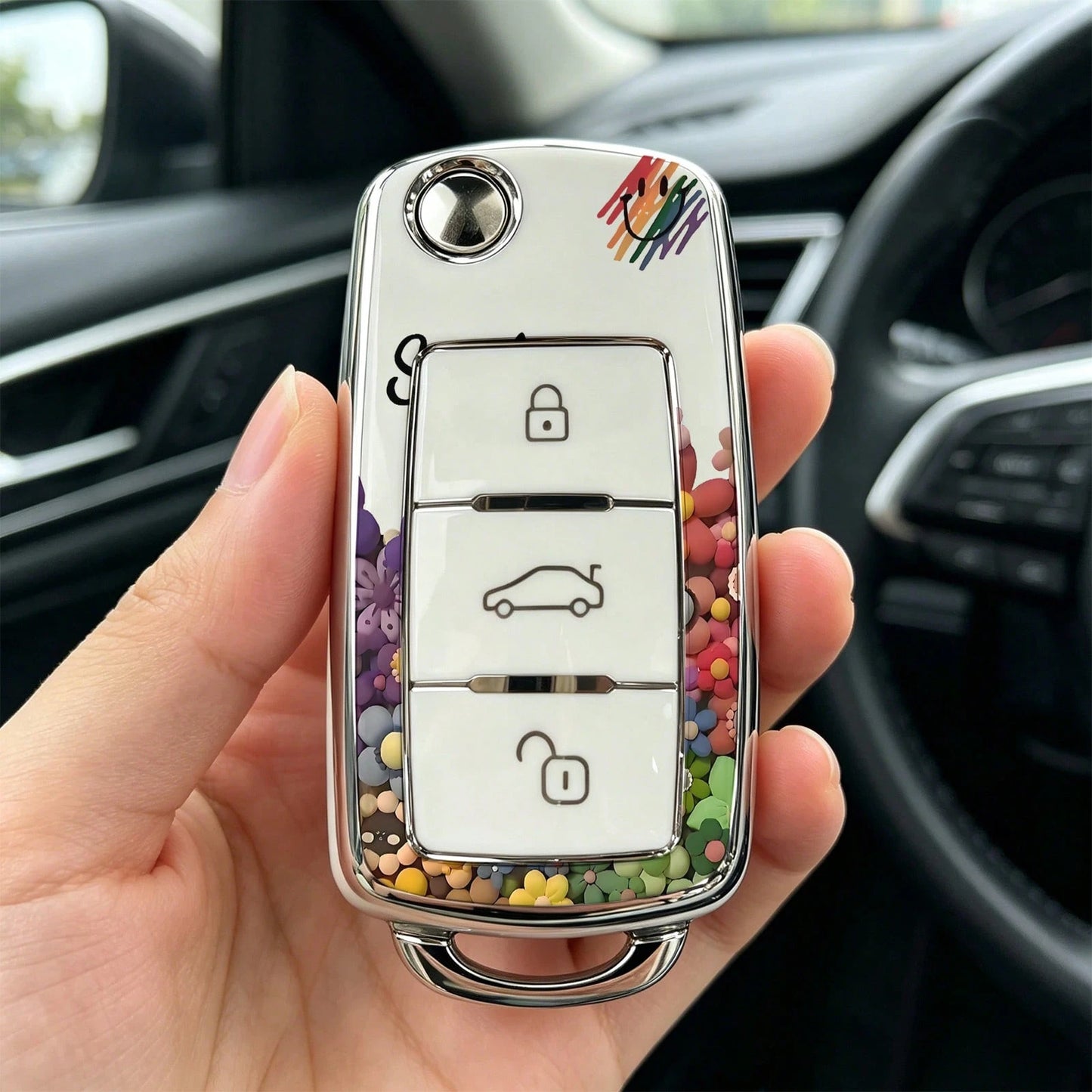 1pc Car Key Case-Fashion Prints,Suitable For Jetta Mk6, Polo Mk5, Golf Mk6, Tiguan Mk1, Passat B7, Passat NMS, Caddy Mk3, Beetle, Amarok, Touran Mk1. Advanced Soft-Touch, Does Not Block Signal, Unisex
