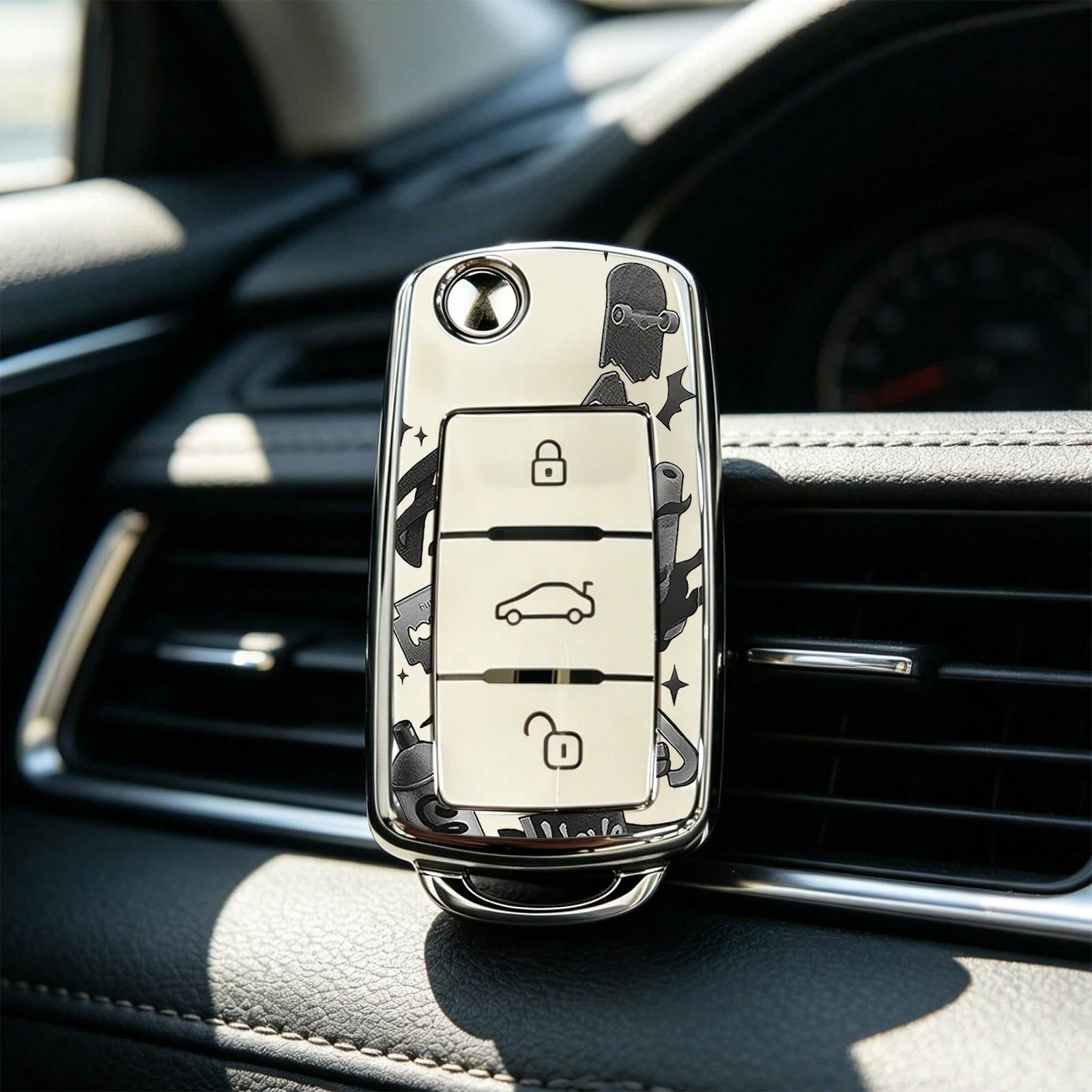 1pc Car Key Case-Fashion Prints,Suitable For Jetta Mk6, Polo Mk5, Golf Mk6, Tiguan Mk1, Passat B7, Passat NMS, Caddy Mk3, Beetle, Amarok, Touran Mk1. Advanced Soft-Touch, Does Not Block Signal, Unisex