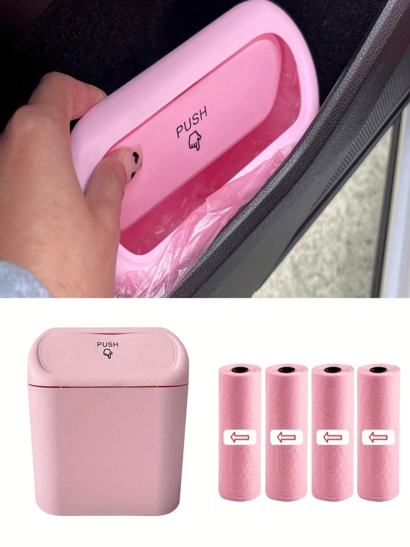 1pc Car Trash Can, Door Mounted Multi-Functional Storage Box, Front Seat Umbrella Holder, With 4 Rolls Trash Bags, Car Interior Accessories