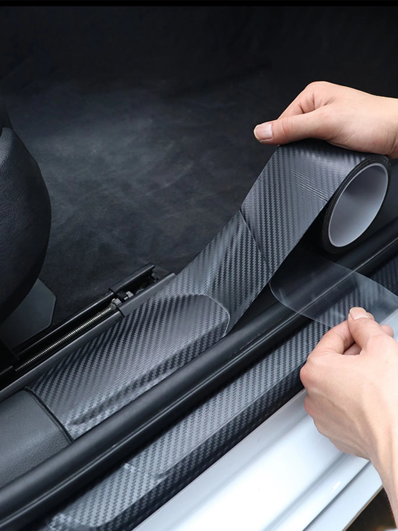 1pc Carbon Fiber Texture Car Door Sill Protector Sticker, Anti-scratch And Anti-kick, 7cm Width X 3m Length