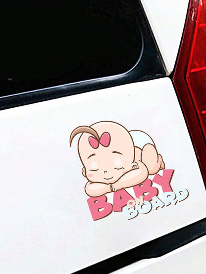 1pc Cartoon Cute Baby Sleeping In Car Baby On Board Warning Sticker, Car Decoration Decal