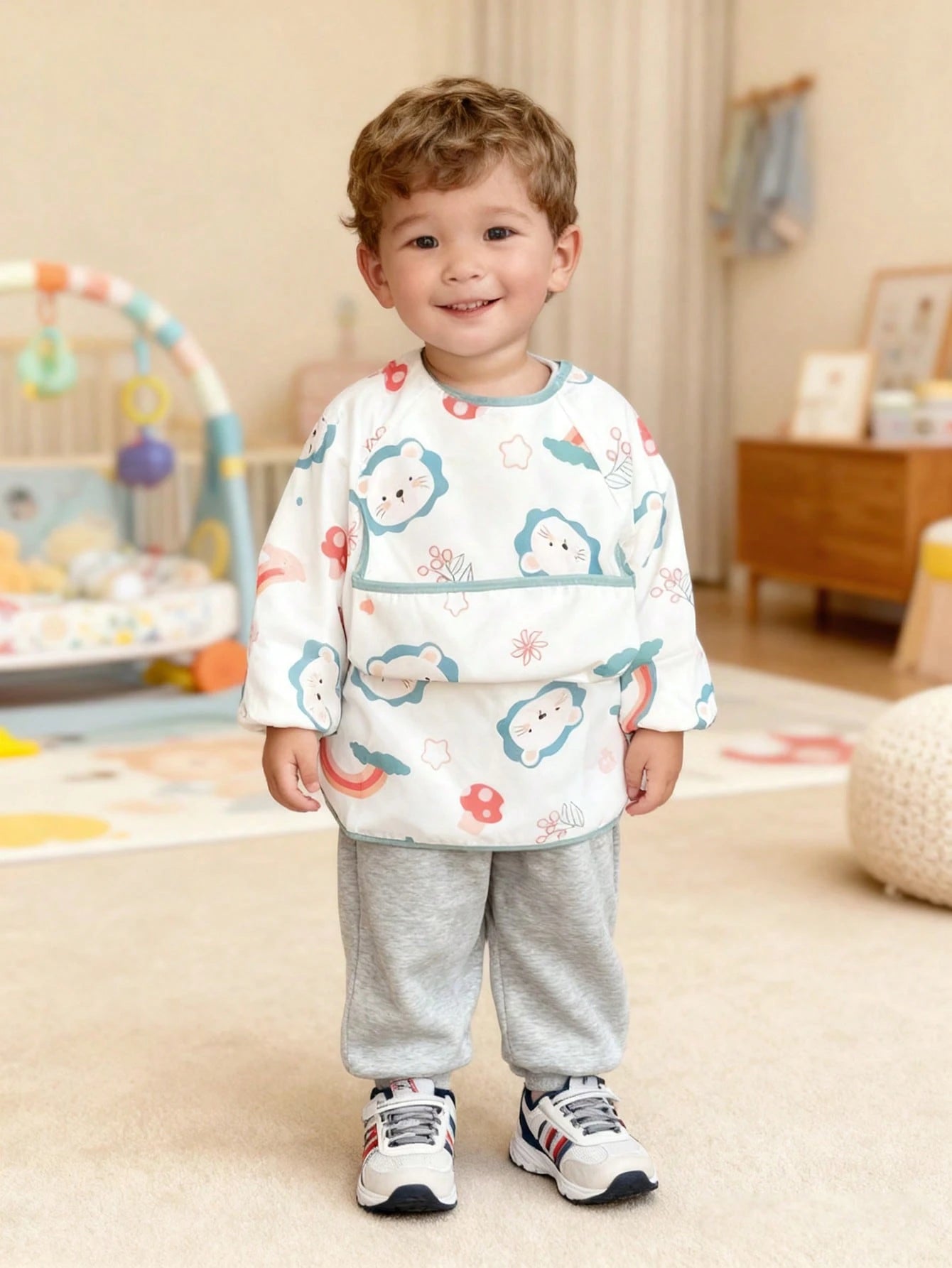 1pc Cartoon Cute Portable Waterproof Baby Long Sleeve Bib, Full Body Soft Feeding Smock With Storage Pocket, Suitable For Eating, Playing, Painting, Anti-Dirty