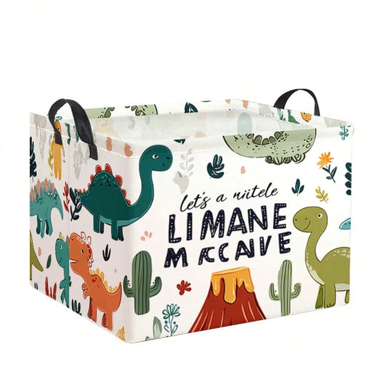 1pc Cartoon Dinosaur, Volcano And Cactus Print Foldable Storage Box, Multi-Functional Organizer With Handle, Suitable For Storing Clothes And Books, Ideal For Game Room And Bedroom