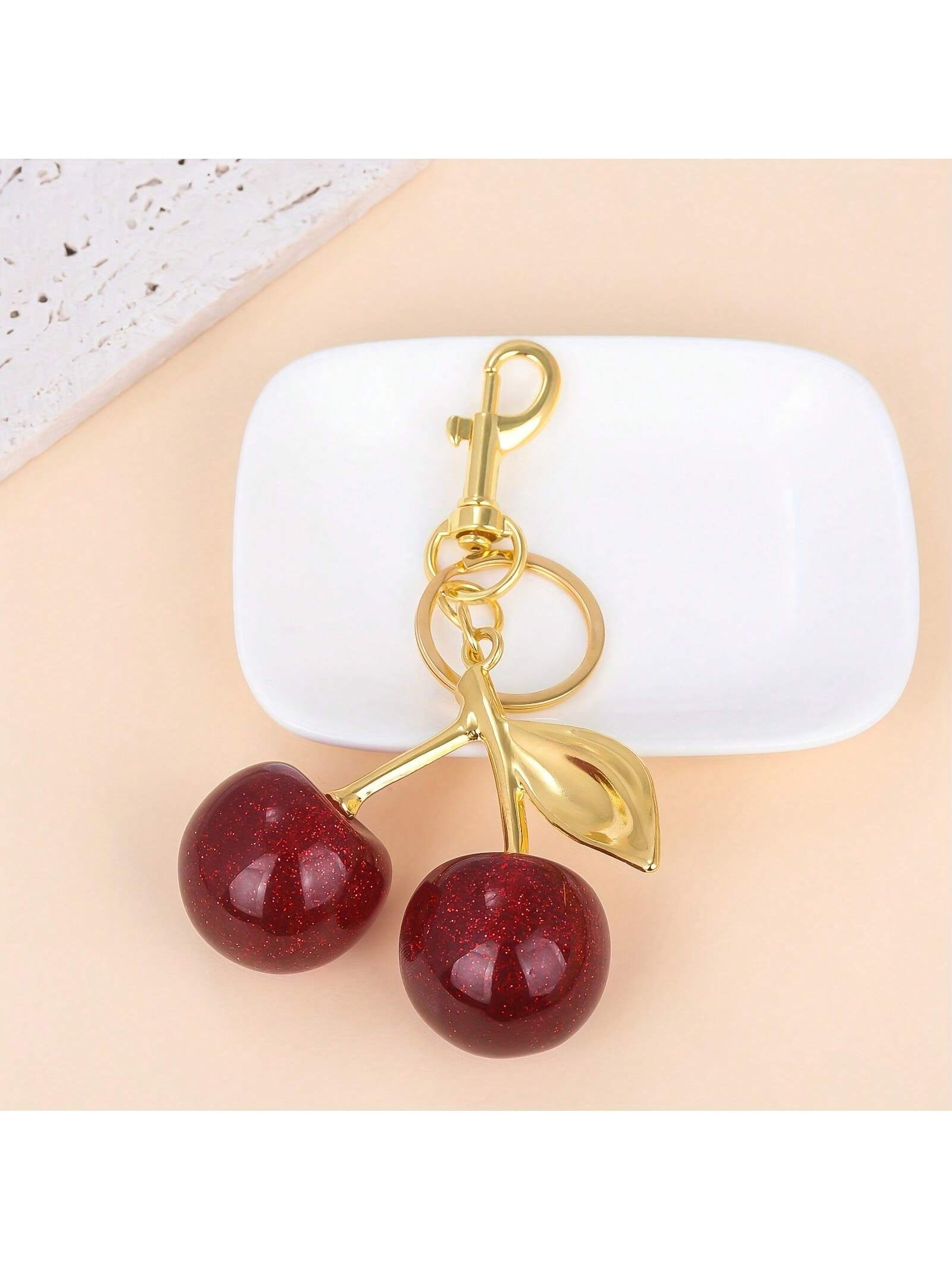 1pc Chic Cherry Keychain With Sparkling Resin Pendant- Alloy, Customizable C-Hook Closure For Women's Wallets & Bags,Ideal Gift For Family, Friends