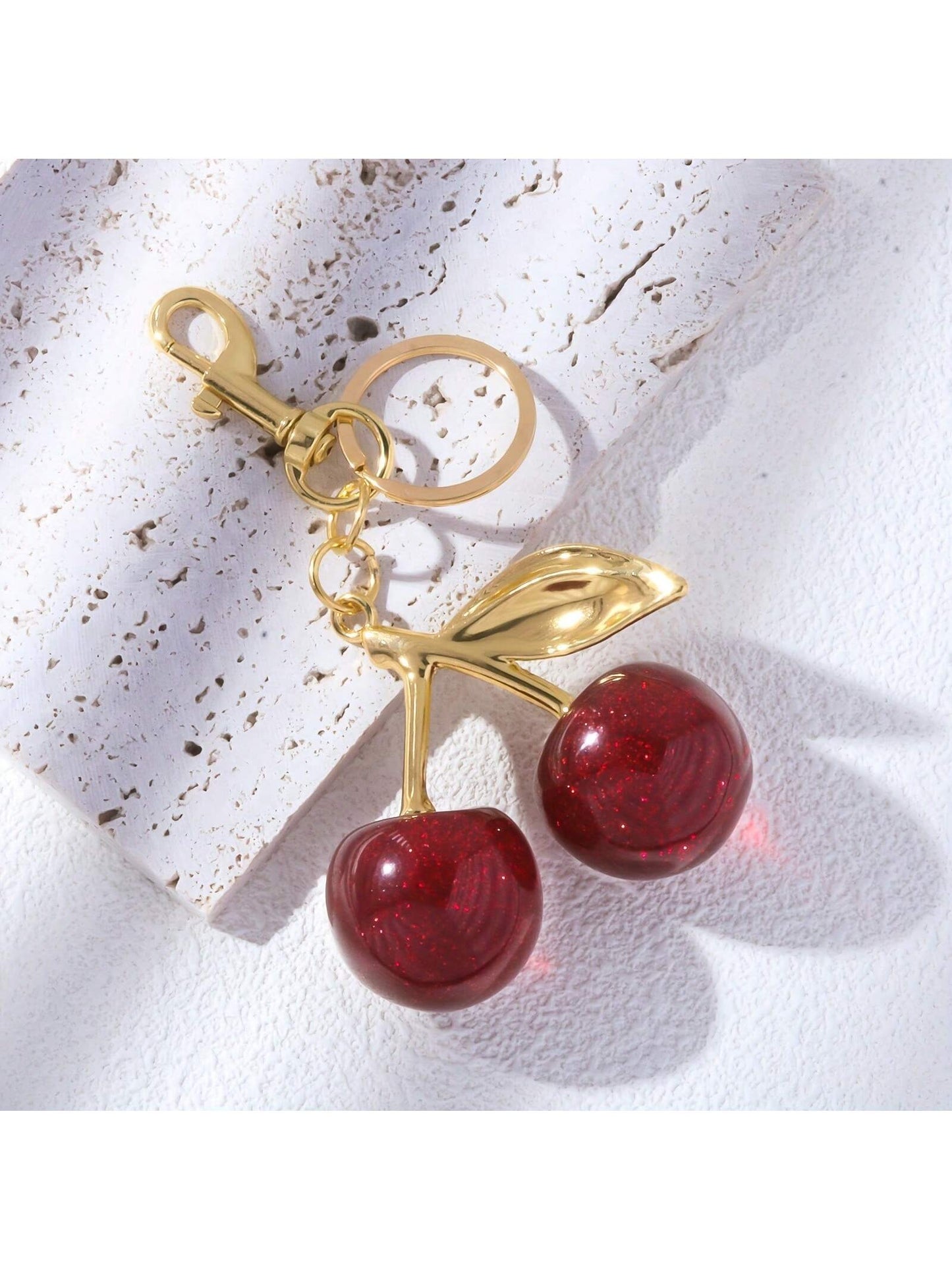 1pc Chic Cherry Keychain With Sparkling Resin Pendant- Alloy, Customizable C-Hook Closure For Women's Wallets & Bags,Ideal Gift For Family, Friends
