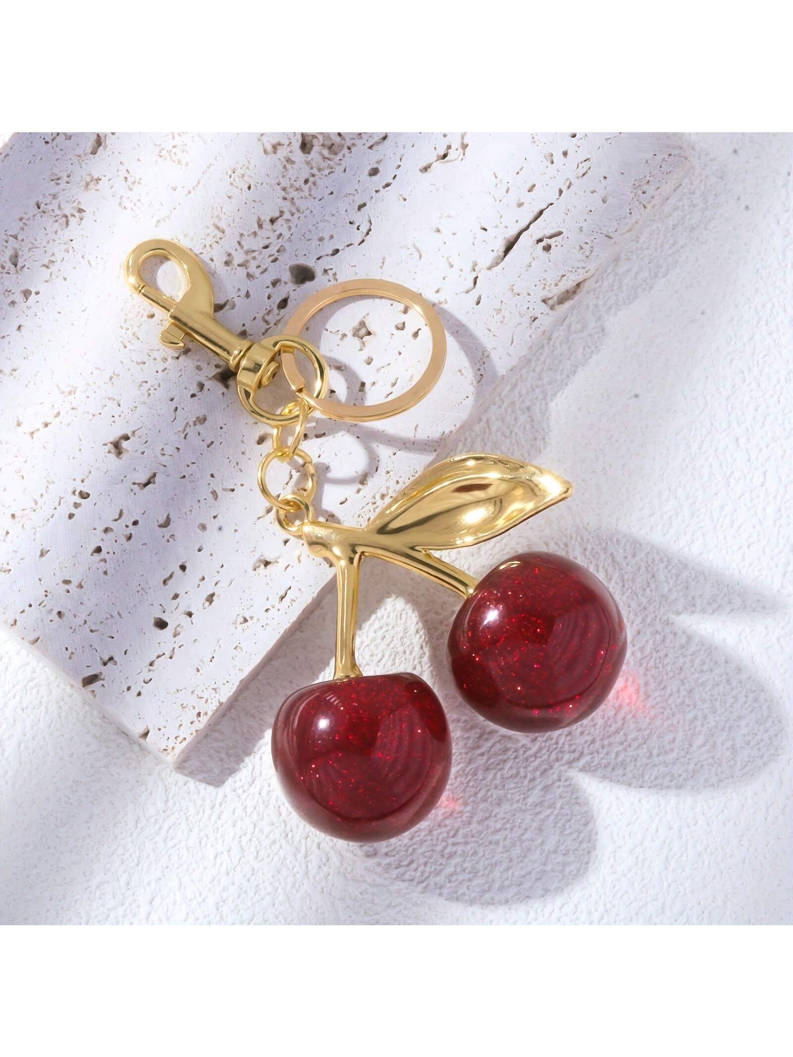 1pc Chic Cherry Keychain With Sparkling Resin Pendant- Alloy, Customizable C-Hook Closure For Women's Wallets & Bags,Ideal Gift For Family, Friends