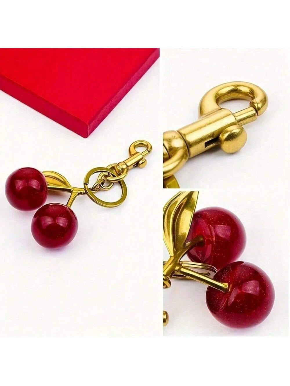 1pc Chic Cherry Keychain With Sparkling Resin Pendant- Alloy, Customizable C-Hook Closure For Women's Wallets & Bags,Ideal Gift For Family, Friends