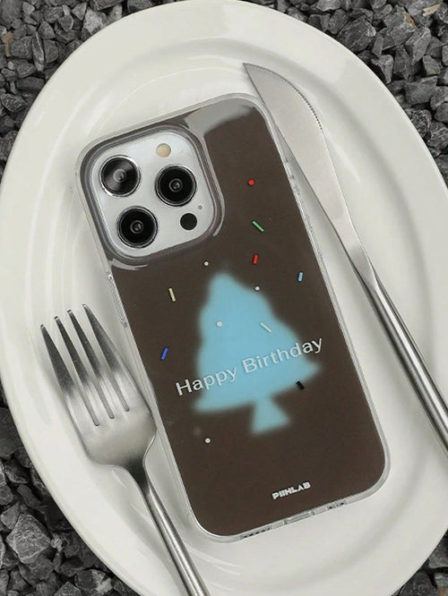 1pc Clear Phone Case Chocolate Brown Background Light Blue Christmas Tree Pattern Colorful Candy Sprinkles Happy Birthday Letter Print Shockproof Transparent Phone Cover Cute Festive Style Phone Acces