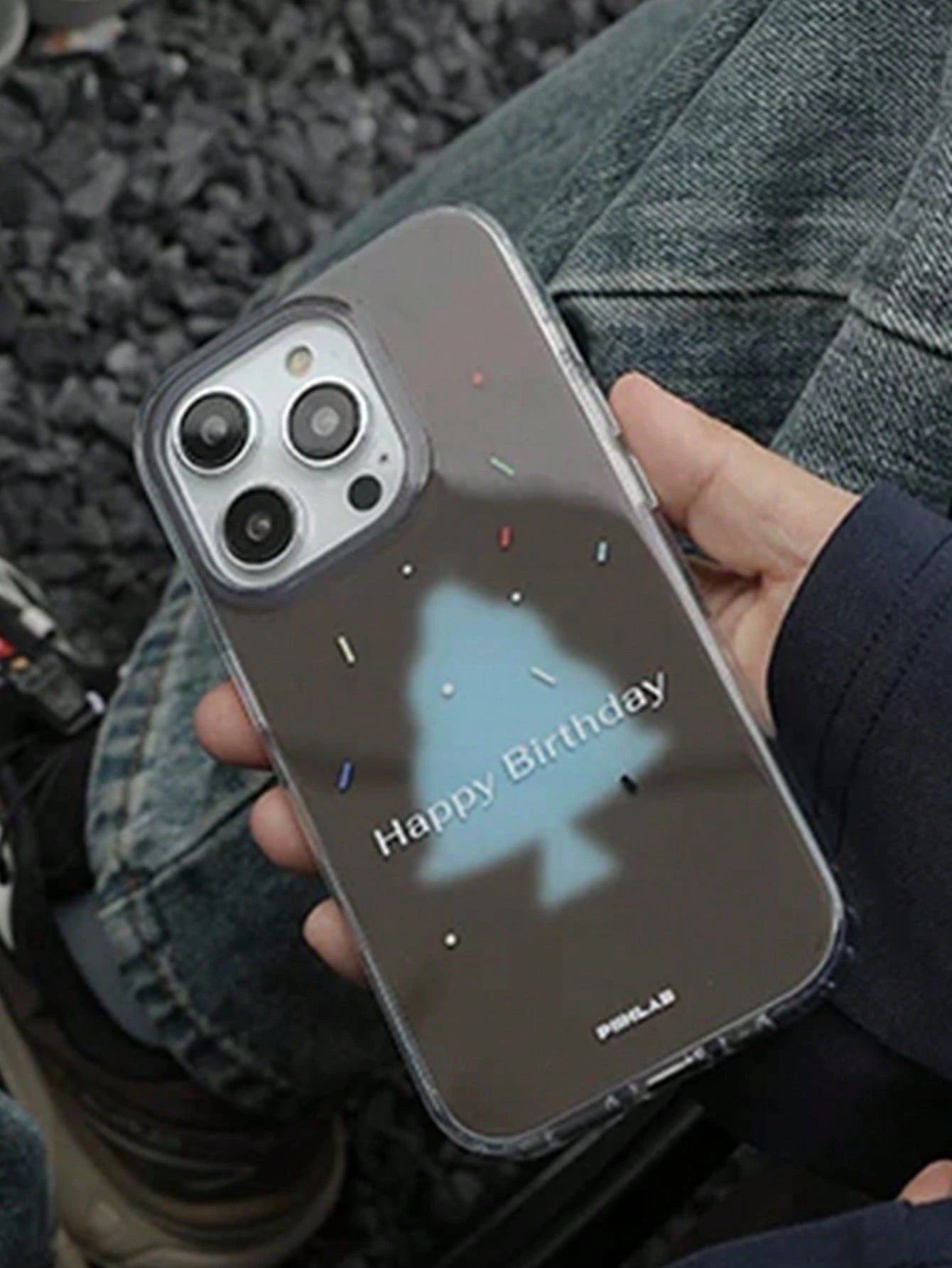 1pc Clear Phone Case Chocolate Brown Background Light Blue Christmas Tree Pattern Colorful Candy Sprinkles Happy Birthday Letter Print Shockproof Transparent Phone Cover Cute Festive Style Phone Acces
