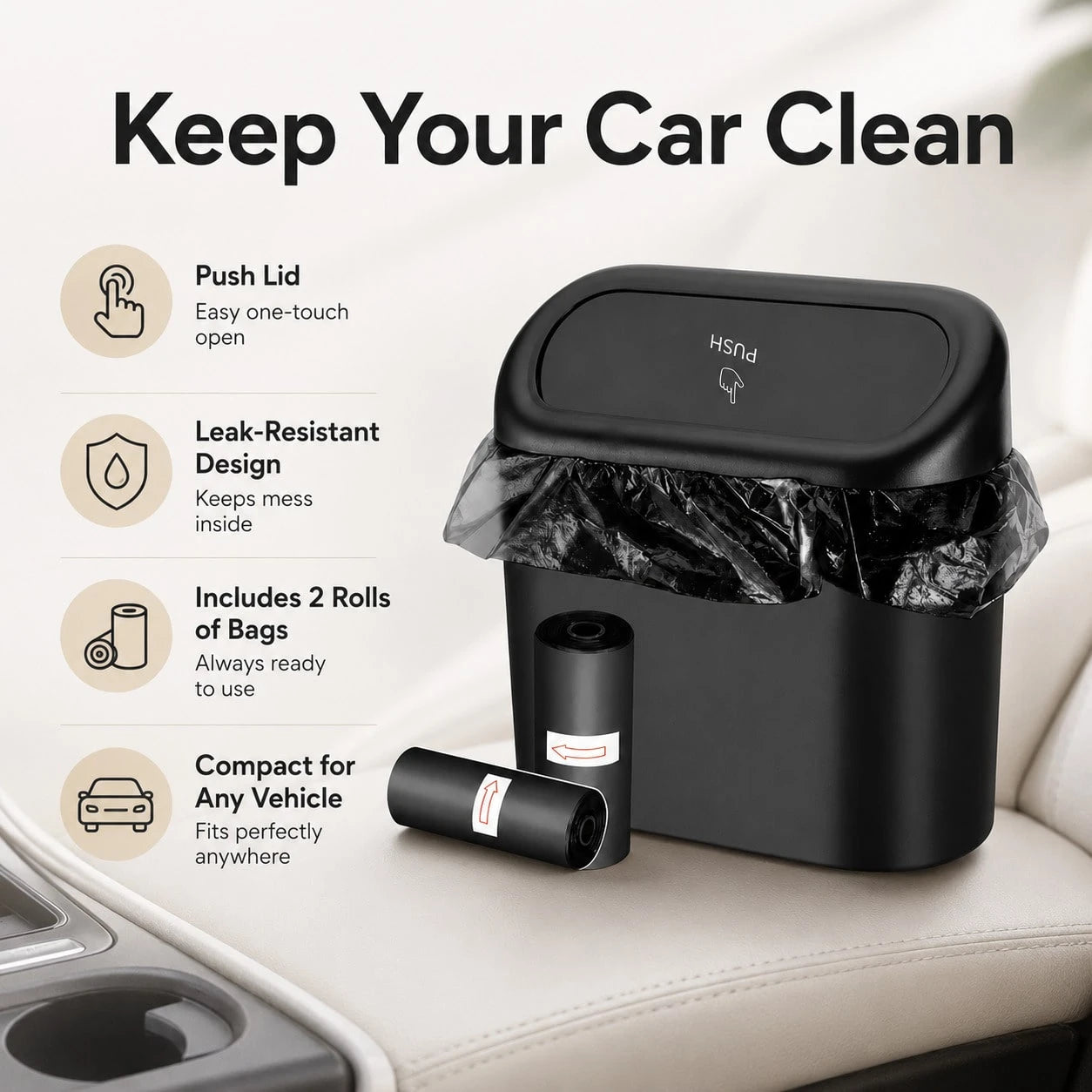 1Pc Compact Car Trash Can With Push Lid And 2 Rolls Of Garbage Bags, Mini Vehicle Waste Bin For Center Console, Back Seat, Office And Home