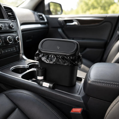 1Pc Compact Car Trash Can With Push Lid And 2 Rolls Of Garbage Bags, Mini Vehicle Waste Bin For Center Console, Back Seat, Office And Home