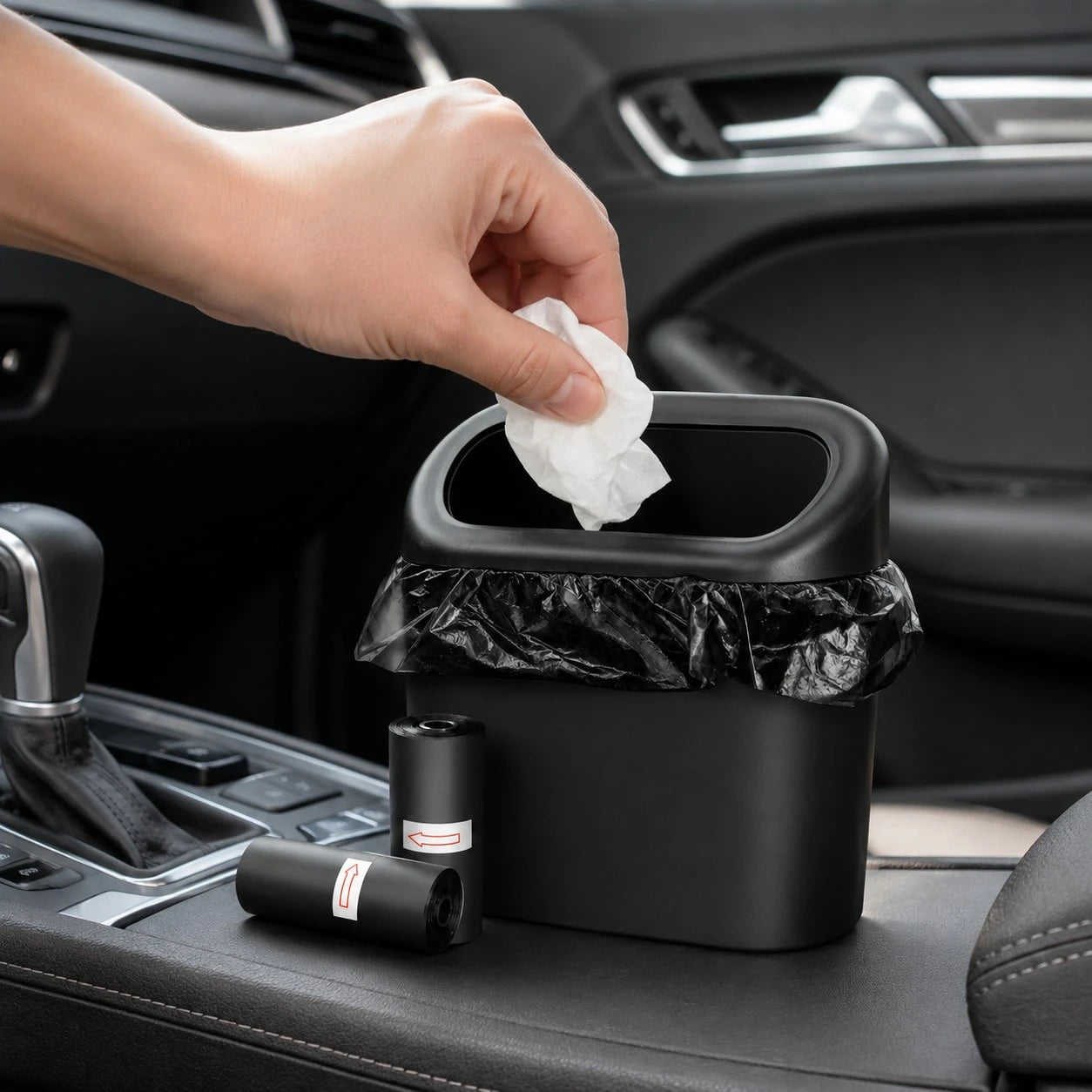 1Pc Compact Car Trash Can With Push Lid And 2 Rolls Of Garbage Bags, Mini Vehicle Waste Bin For Center Console, Back Seat, Office And Home