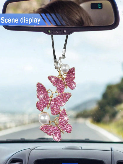 1pc Creative Alloy Pearl Butterfly Decoration For Car Interior Decoration Interior Rearview Mirror Decoration