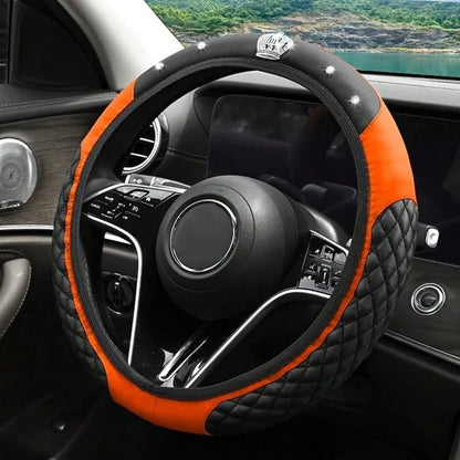 1pc Crown Leather Car Steering Wheel Cover, Car Interior Accessories, Car Decoration
