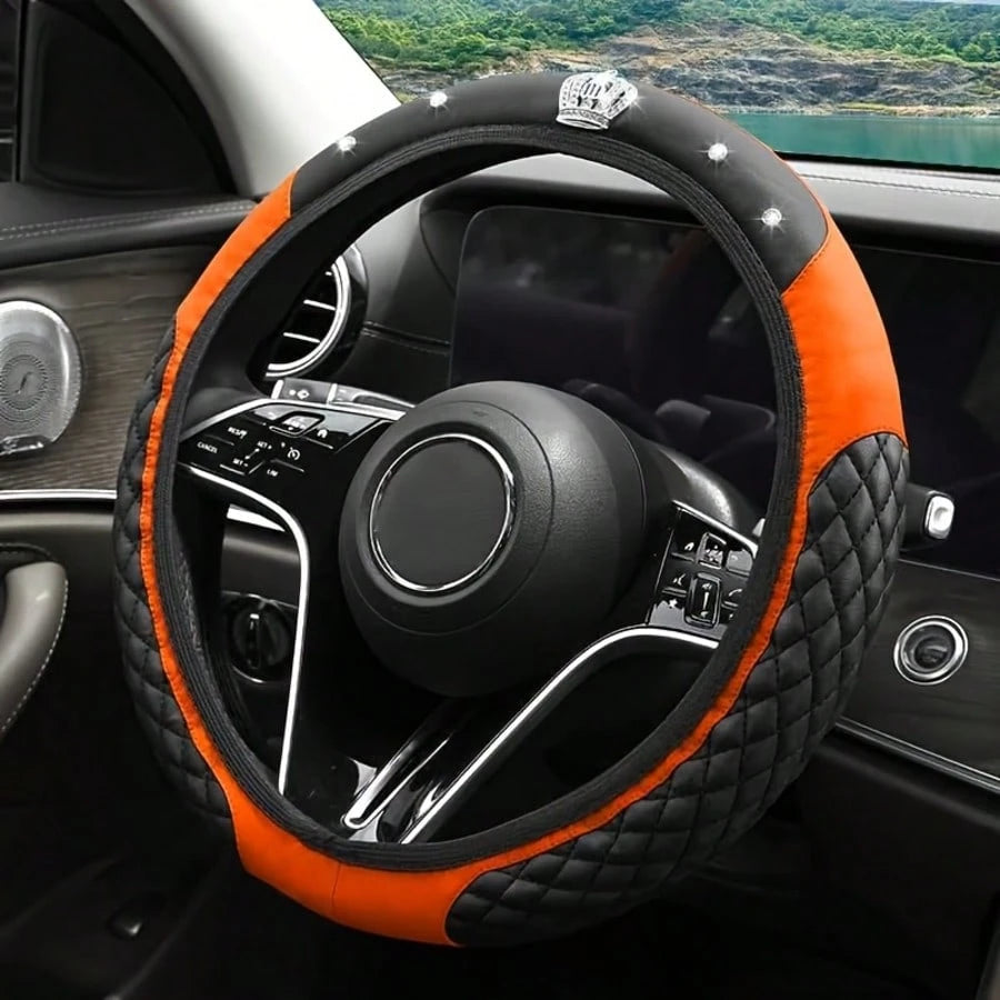 1pc Crown Leather Car Steering Wheel Cover, Car Interior Accessories, Car Decoration