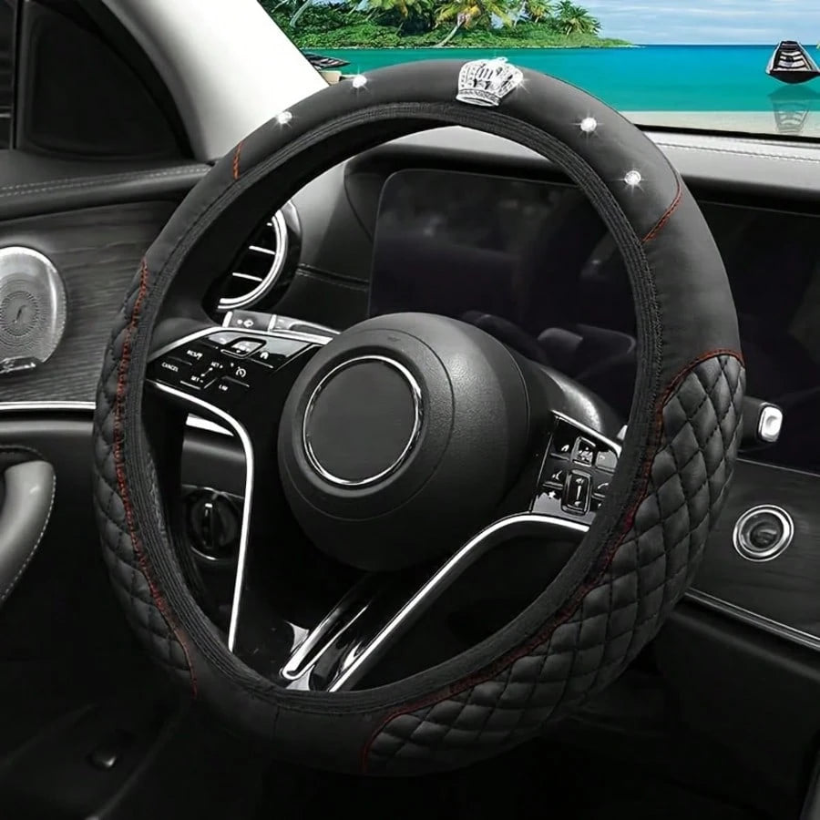 1pc Crown Leather Car Steering Wheel Cover, Car Interior Accessories, Car Decoration
