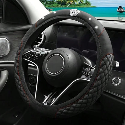 1pc Crown Leather Car Steering Wheel Cover, Car Interior Accessories, Car Decoration