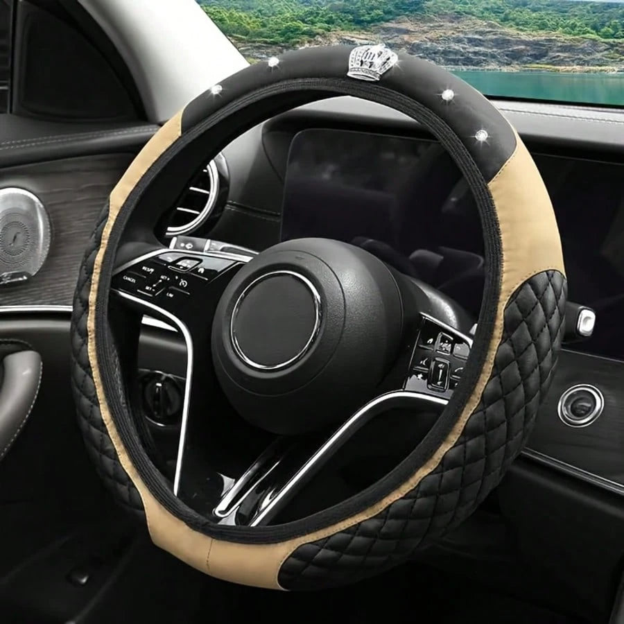 1pc Crown Leather Car Steering Wheel Cover, Car Interior Accessories, Car Decoration