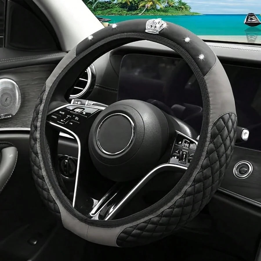 1pc Crown Leather Car Steering Wheel Cover, Car Interior Accessories, Car Decoration