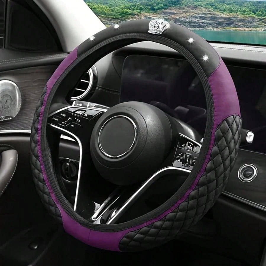 1pc Crown Leather Car Steering Wheel Cover, Car Interior Accessories, Car Decoration