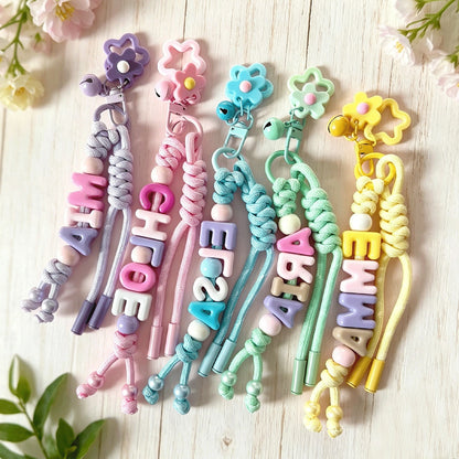 1pc Custom Braided Beaded Bag Charm, Flower And Letter Lanyard, Personalized Colorful Name Keychain, Holiday Gift, For Mom/Girlfriend