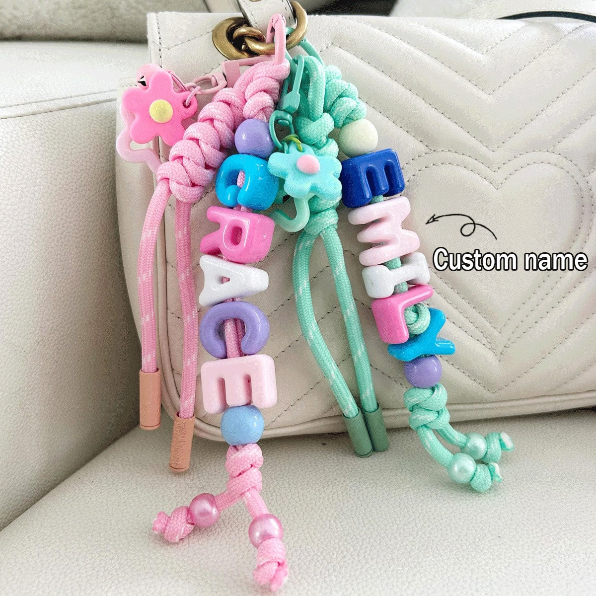 1pc Custom Braided Beaded Bag Charm, Flower And Letter Lanyard, Personalized Colorful Name Keychain, Holiday Gift, For Mom/Girlfriend