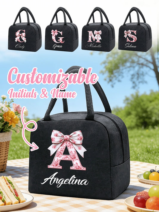1pc Customizable Unisex Portable Aluminum Foil Insulated Lunch Bag, Customizable Pink Bow Letter And Your Name, Insulated Lunch Box Tote Bag, Ice Pack Tote Bag, Waterproof Shoulder Bag, Bento Bag, Off