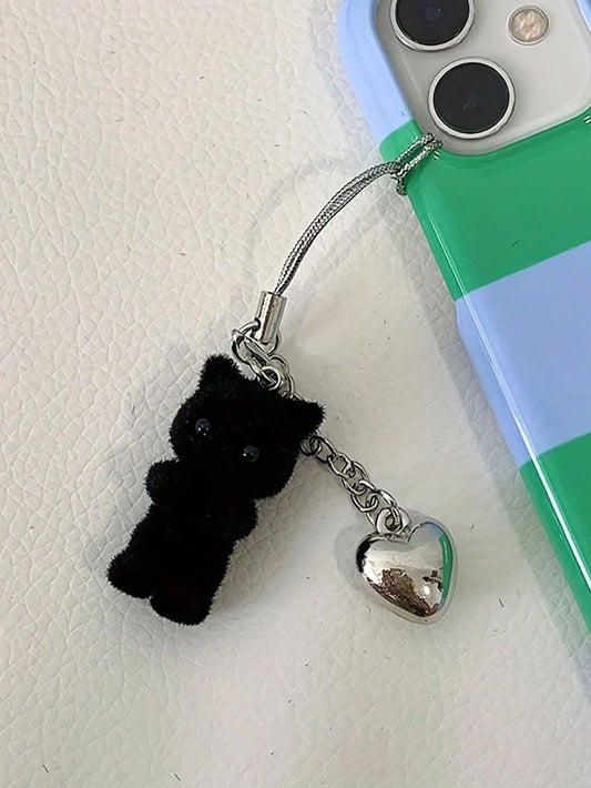 1pc Cute Black Cat Phone Charm Pendant- Faux Fur Resin Decor With Heart Shaped Accessory- Made Of ABS Material, Suitable For Phone, Earphone Case Hanging Decoration